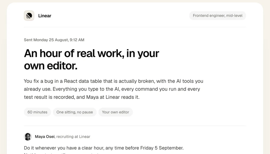 The link a candidate opens: Linear’s letterhead, the brief, and three facts. Sixty minutes, one sitting, their own editor.