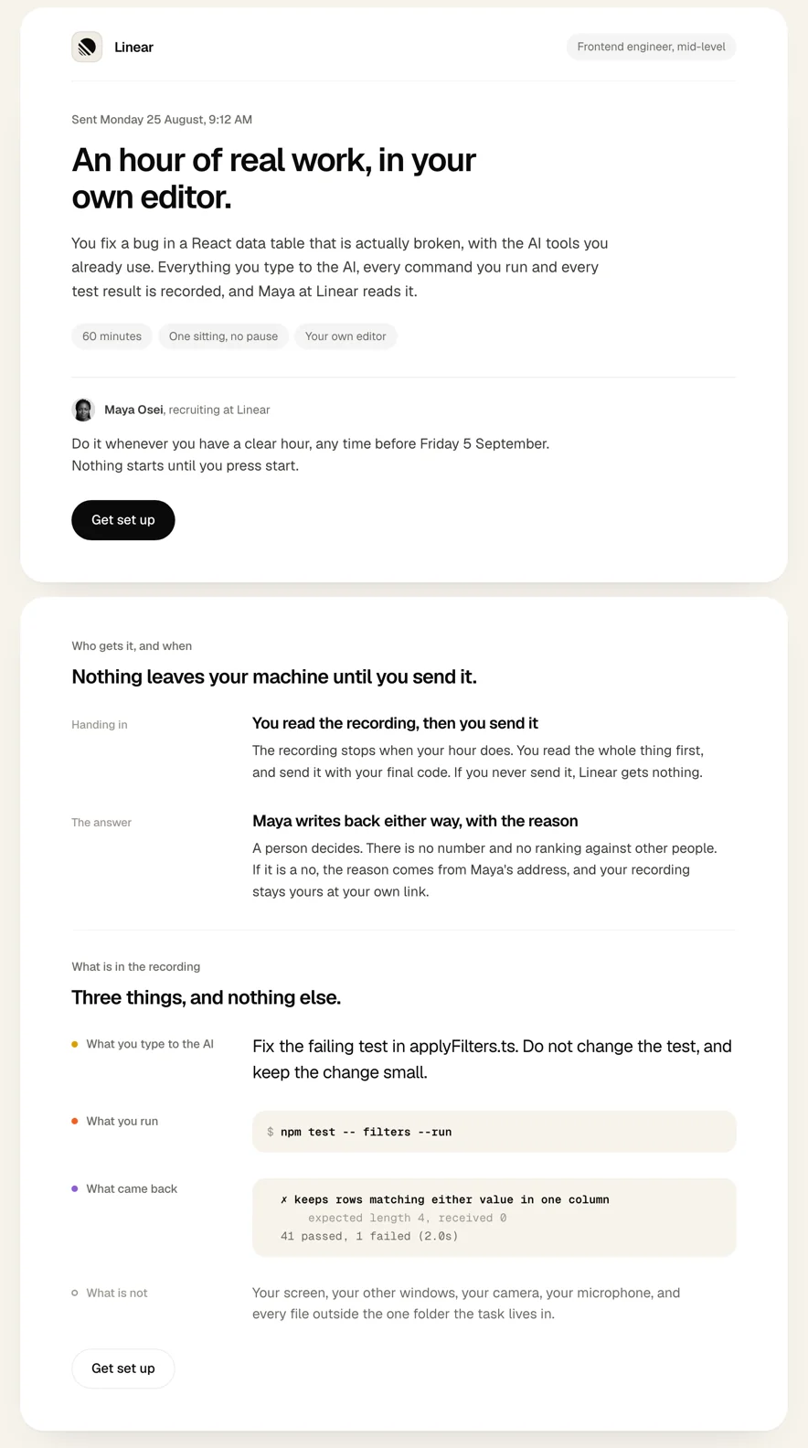 The candidate's link, top to bottom: the task, the hour and who reads it, then the list of what the hour records: what they type to the AI, what they run, and what comes back.
