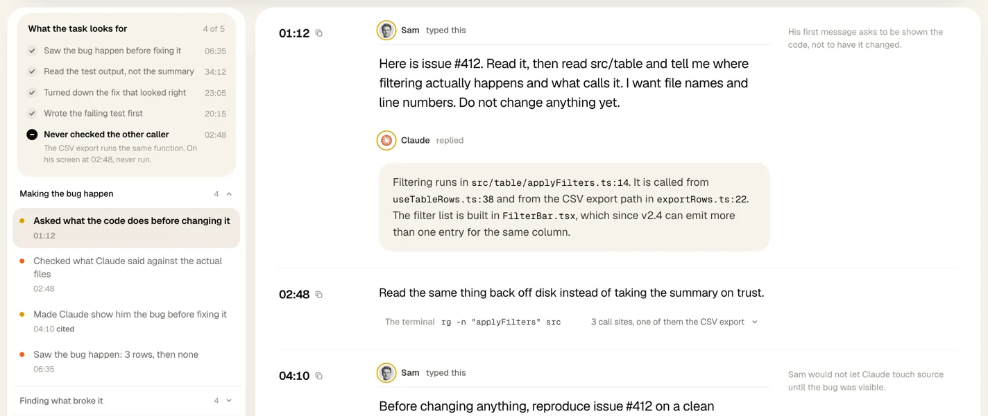 The session: on the left, the five things the task looks for and the moments of the hour. On the right, what Sam typed and what Claude replied, minute by minute.
